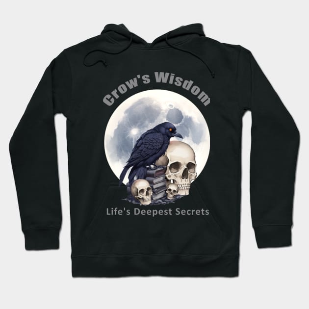 Raven reading books, full moon, witch, Halloween, crow, raven, corvid, books, magic, witchcraft, Wicca, Delving into the Mysteries of Existence Amidst the Wisdom of Ancient Pages Hoodie by Collagedream